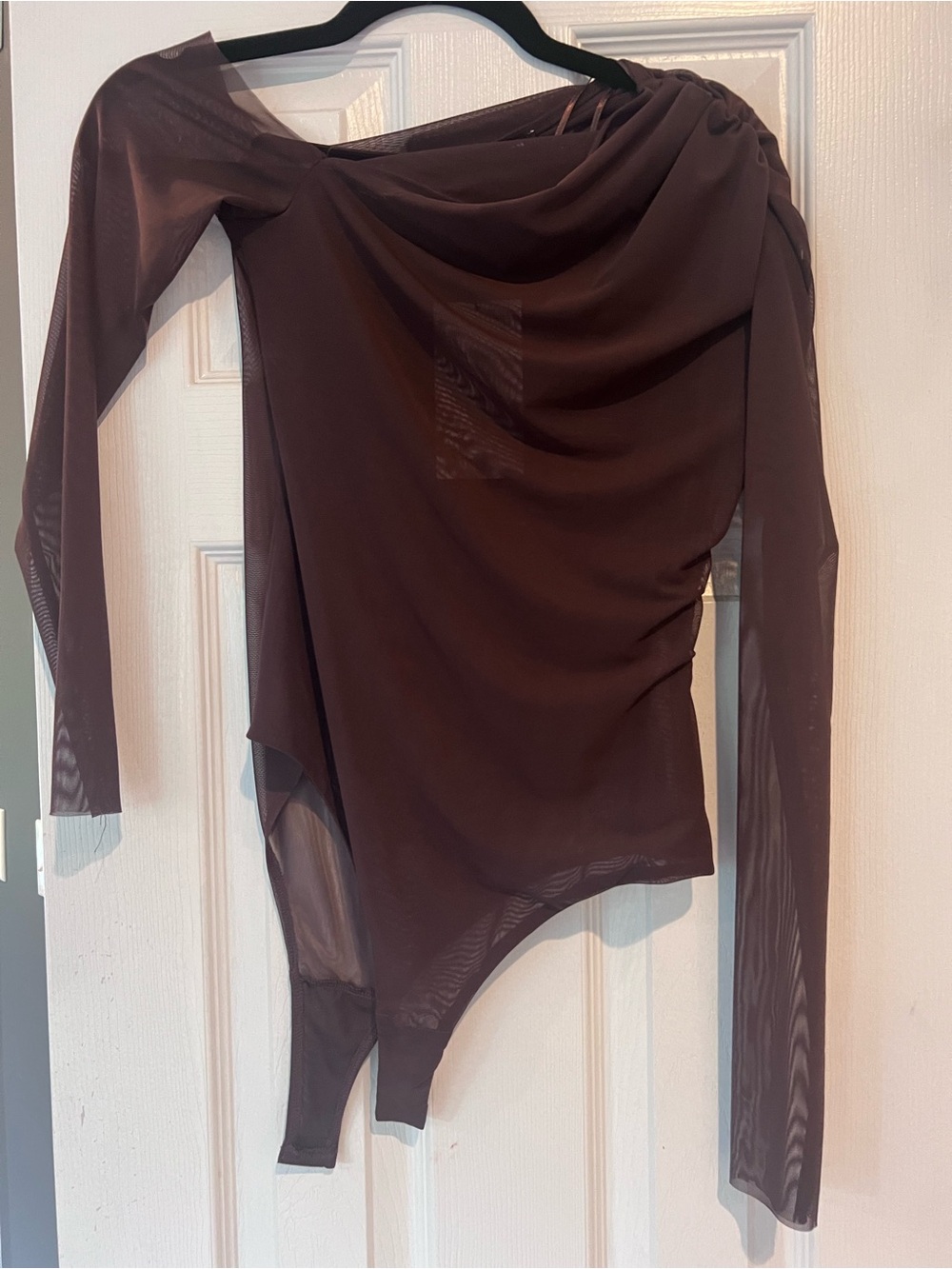 Zara Brown Asymmetric Mesh Bodysuit with Draped Neckline